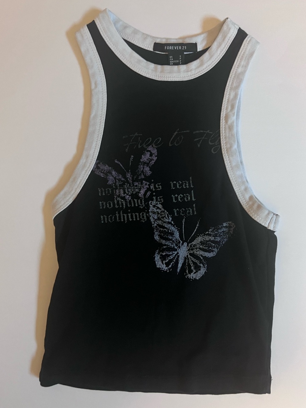 Forever 21 Black Tank with White Trim and Butterfly Print Juniors Size Small